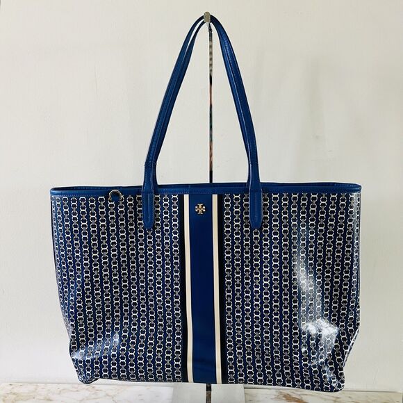 TORY BURCH Blue White Stripe Gemini Link Tote Bag - Picture 1 of 9
